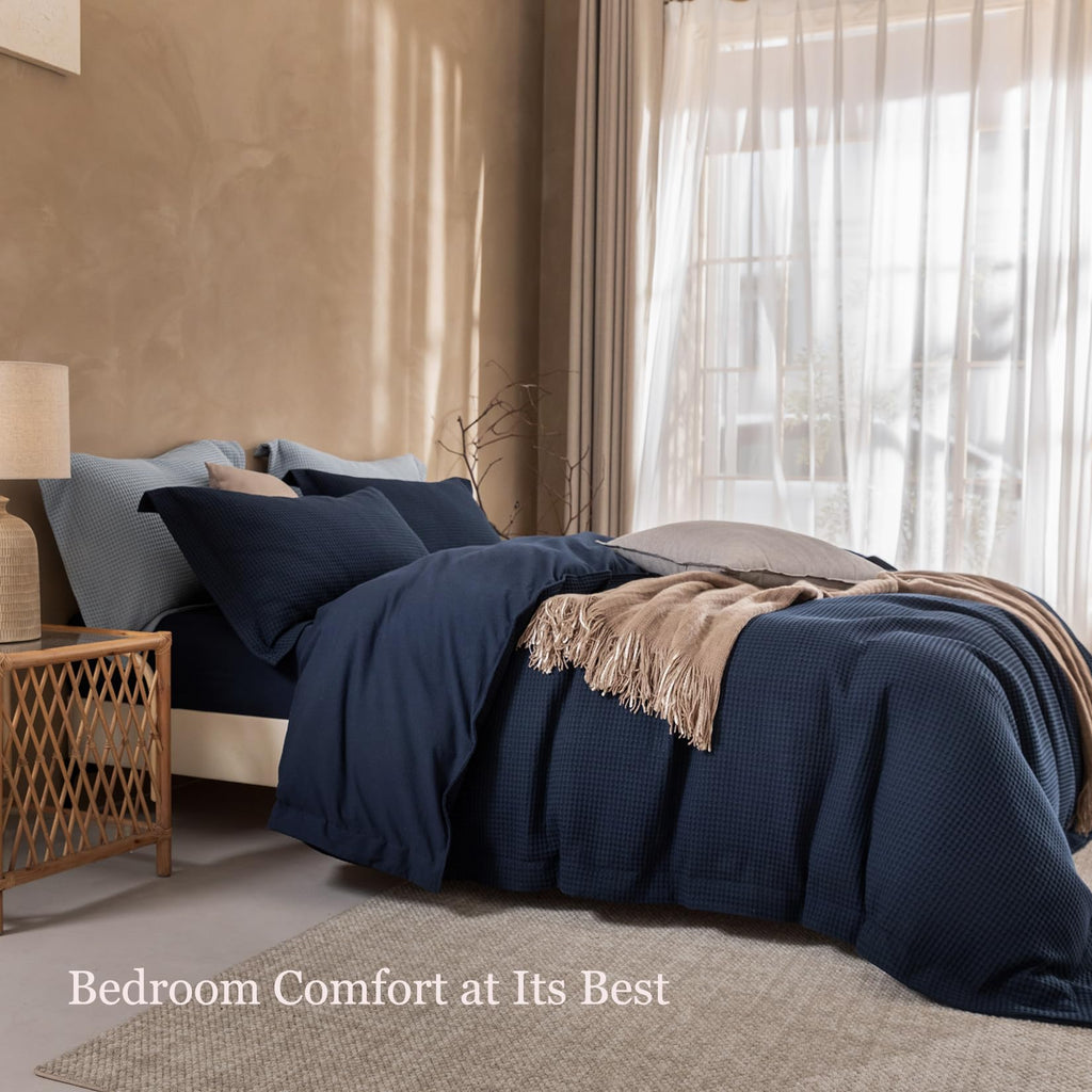3Pcs Navy Blue Waffle Cotton Duvet Cover Set Super 98x90