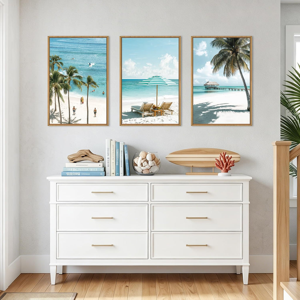 Summer Beach Framed Wall Art, Surfboard Wall Decor Coastal, Palm Tree Artwork, Tropical Wall Art Surfboard