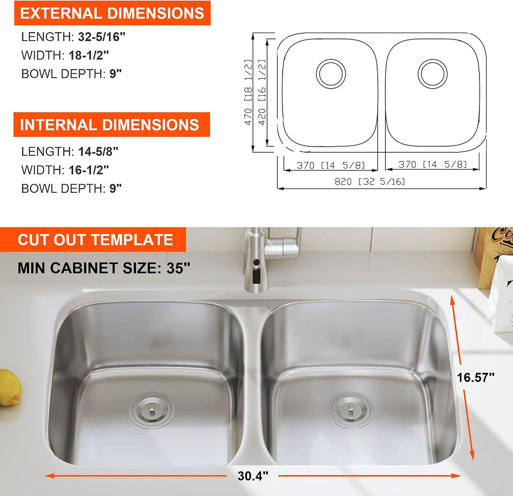 32 Inch Undermount Double Bowl 50/50 Kitchen Sink (Sink Only) | 304 Stainless Steel, 18 Gauge Thickness, Strainer
