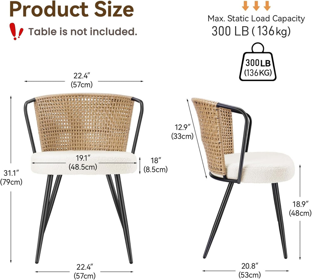 Rattan Dining Chairs Set of 4 - Farmhouse Upholstered PE Rattan Kitchen Chair with Boucle Cushion, Wingback Dining
