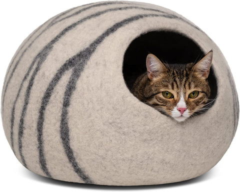 Cat Cave - Premium Felt Cat Bed for Indoor Cats, Handmade Merino Wool (Light Grey, Medium)
