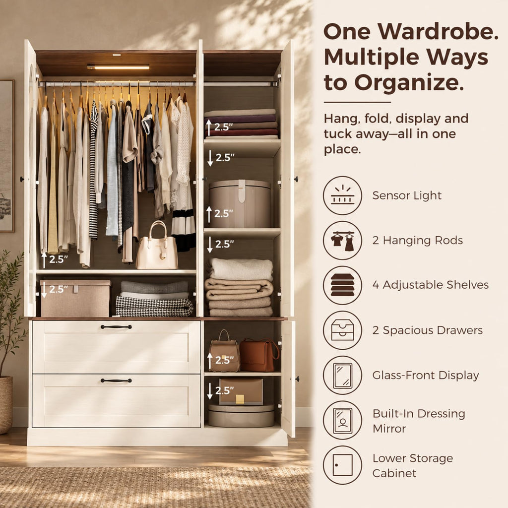 71" H Wardrobe Armoire with Mirror and Sensor Light, Flexible, Antique White
