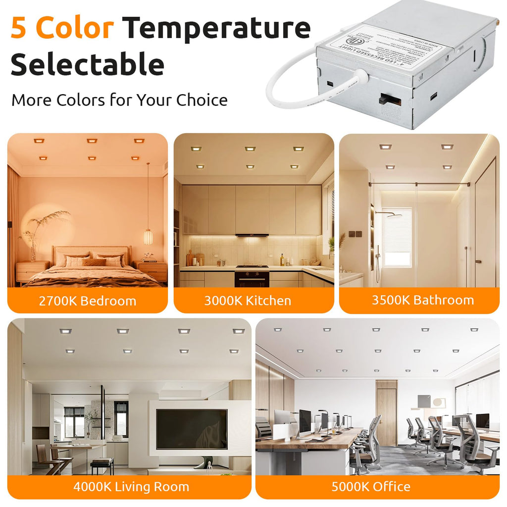 Square LED Recessed Lighting 4 Inch, 5CCT Ultra Thin Led Recessed Ceiling Lights 2 Pack, Selectable