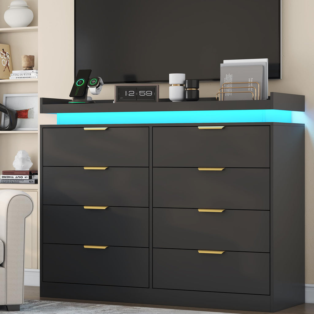 8 Drawer Dresser, Black Dresser with LED Lights and Power Outlet, Wooden Dressers Chests of Drawers, Double Wide