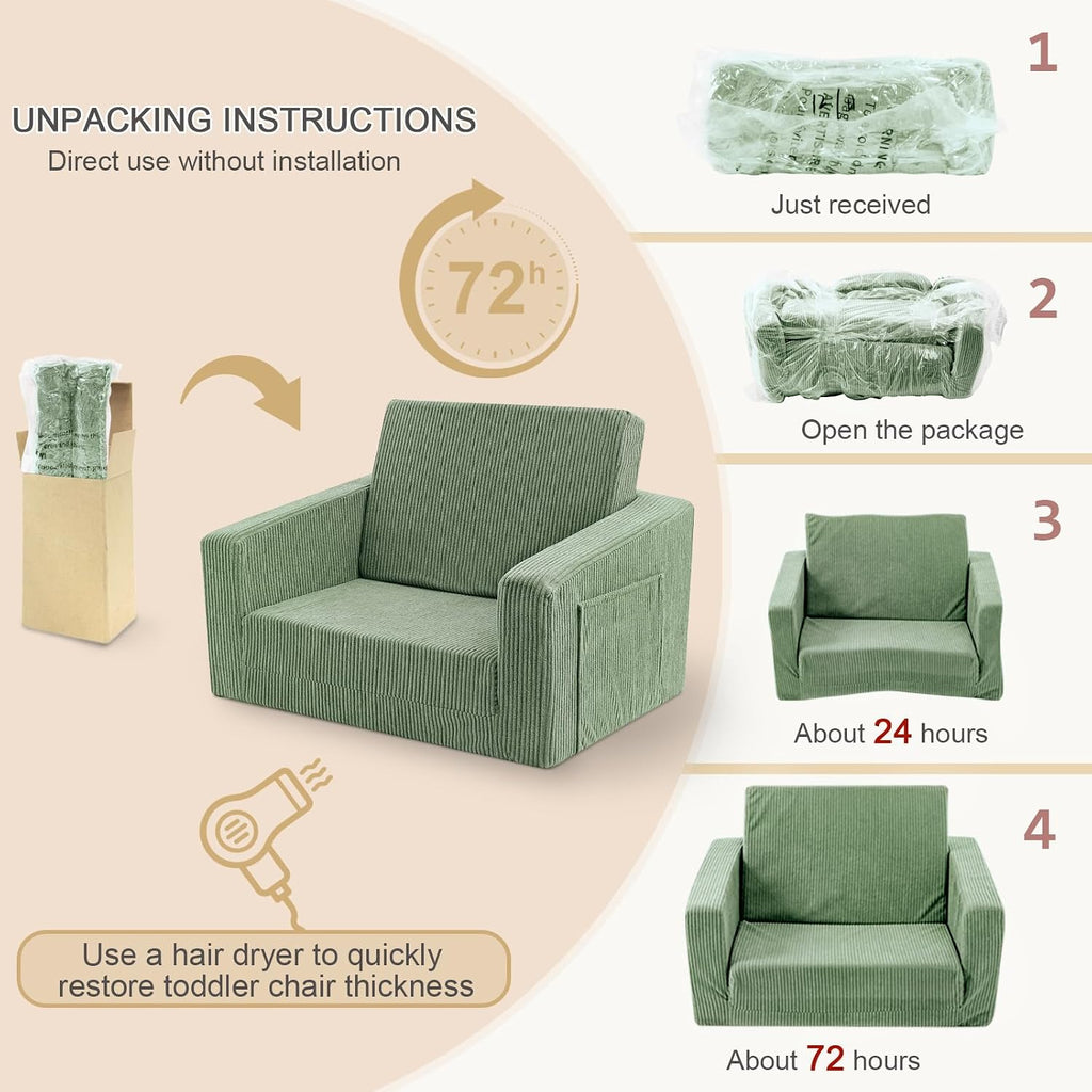In-1 Kids Chair and Couch, Cozy Corduroy Kids Sofa, Green