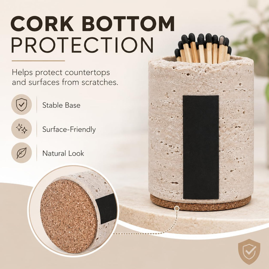 Natural Travertine Match Holder with Striker for Candle Home Decor - Matches Not Included