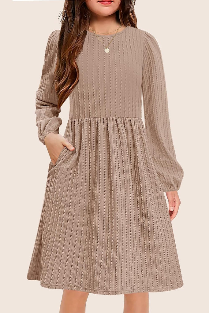 Girls Knit Sweater Dress Lantern Long Sleeve A-Line Dresses