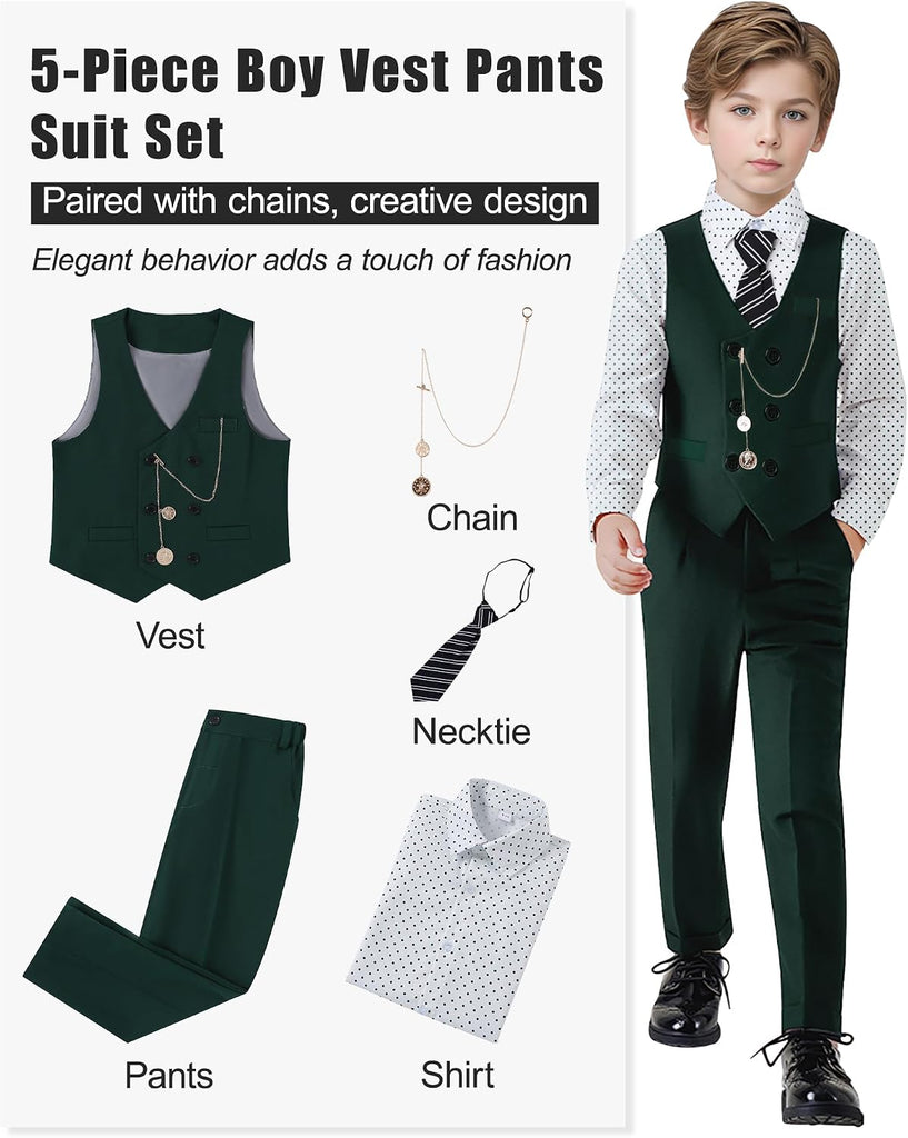 Boys Suit Formal Dress Clothes Big Boy Wedding Outfit Vest+Pants+Dress Shirt+Chain+Adjustable Tie