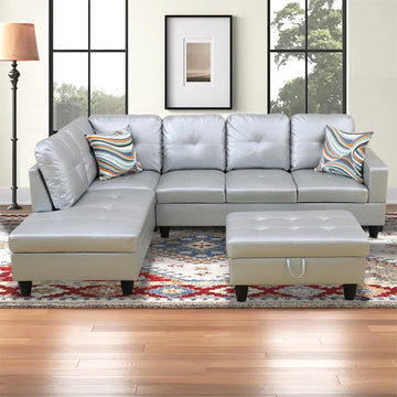 Sectional Couch Furniture Set Sliver White, Sectional Sofa Set L Shape Sofa and Chaise with Storage Ottoman