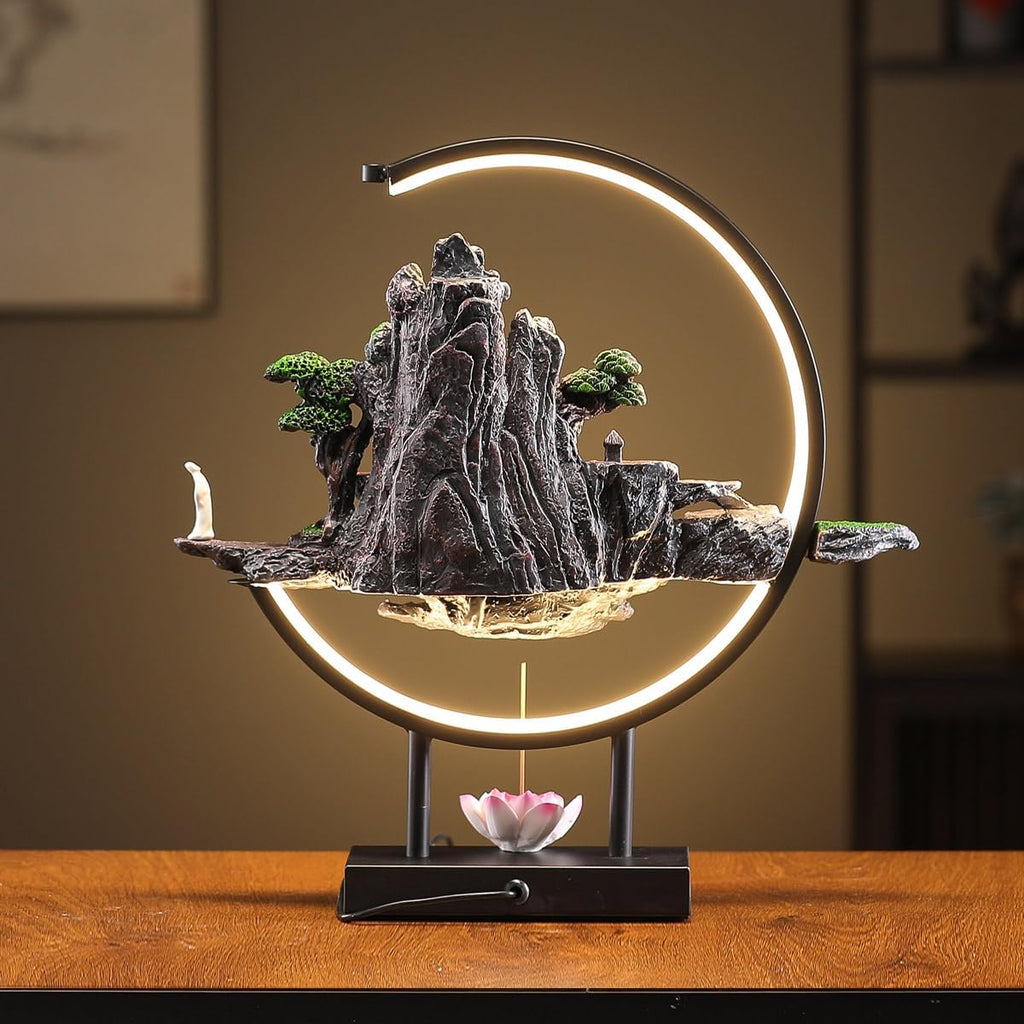 Backflow Incense Waterfall Fountain Burner with Adjustable LED Light Ring,Resin Rockery Landscape Ornament