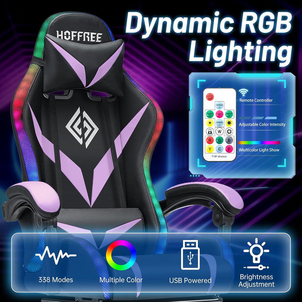 Gaming Chair with Bluetooth Speakers RGB LED Lights Computer Chair-Purple | Ergonomic Massage Game Chair with
