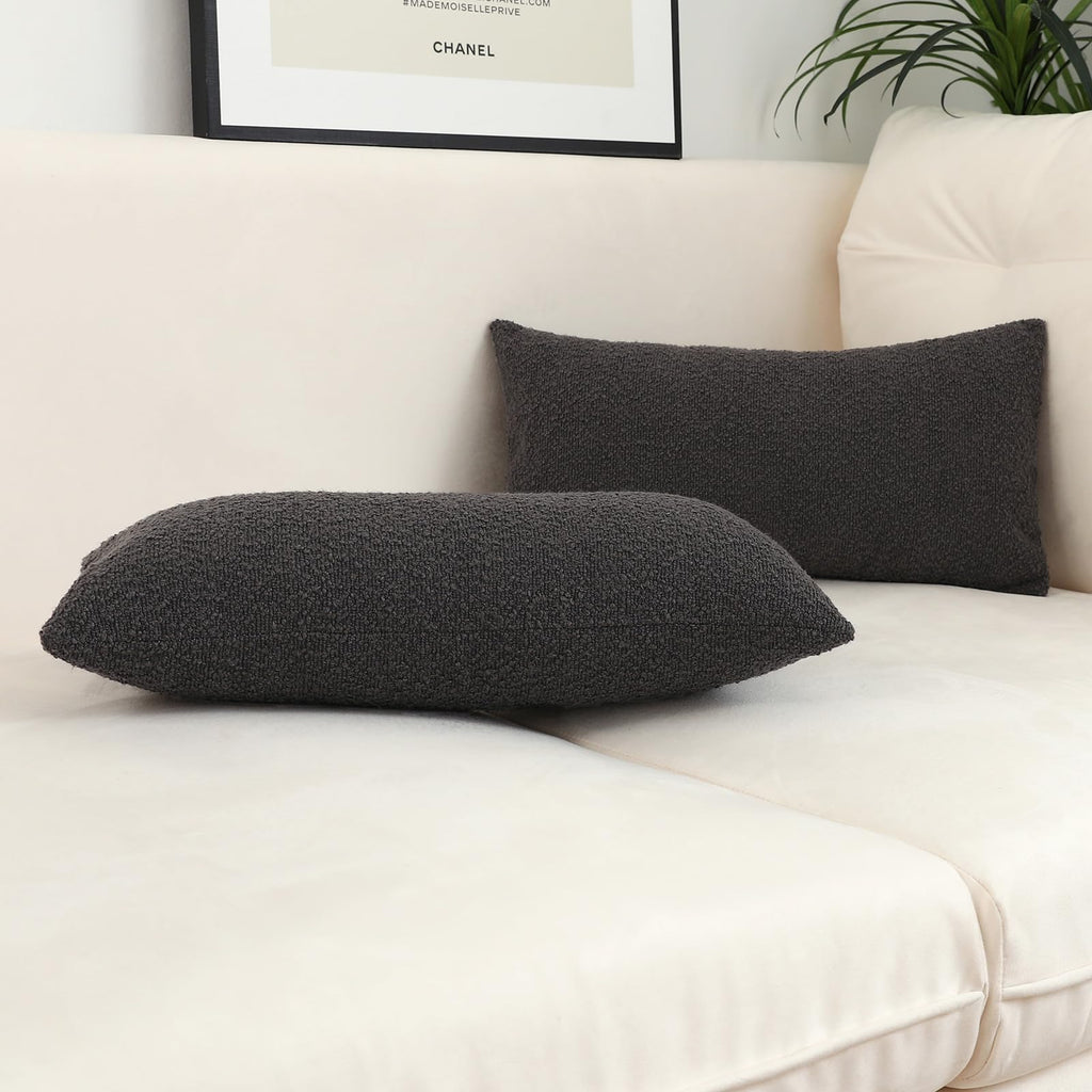 Graphite Grey Decorative Long Lumbar Thick Throw Pillow Covers Fine Textured Boucle Couch Cushion Cases for Sofa