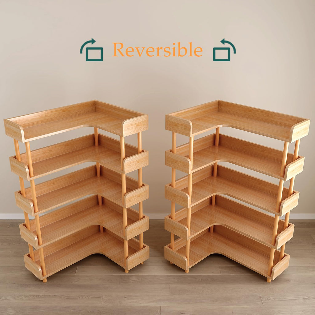 5-Tier Reversible Corner Bookshelf, L-Shaped Shelf, Oak