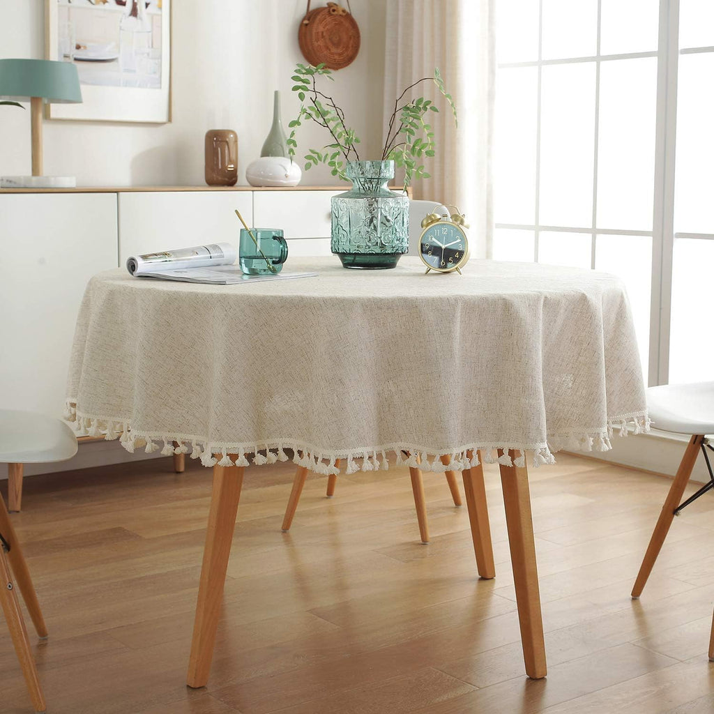 Solid Color Tassel Tablecloth Cotton Linen Dust-Proof Shrink-Proof Table Cover Dining Farmhouse Tabletop Decoration