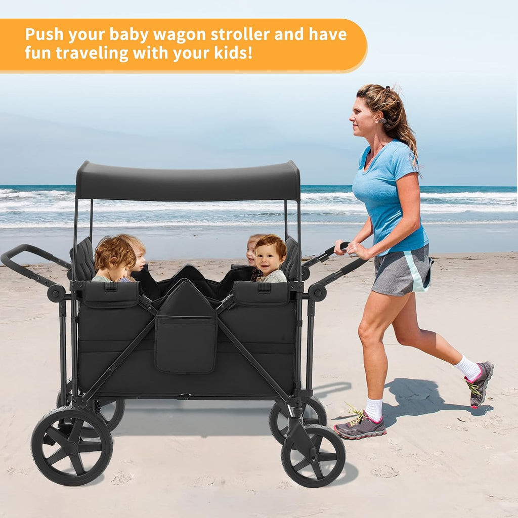 Stroller Wagon for 4 Kids, 4 Seater Wagon Stroller Featuring 4 High Seat with Point Harnesses and Adjustable