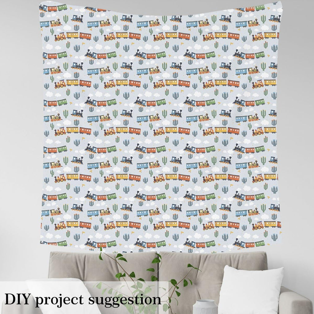 Cartoon Vintage Train Soft Flannel Fabric by The Yard 10 Yards Steam Engine Railway Transportation Upholstery Fabric