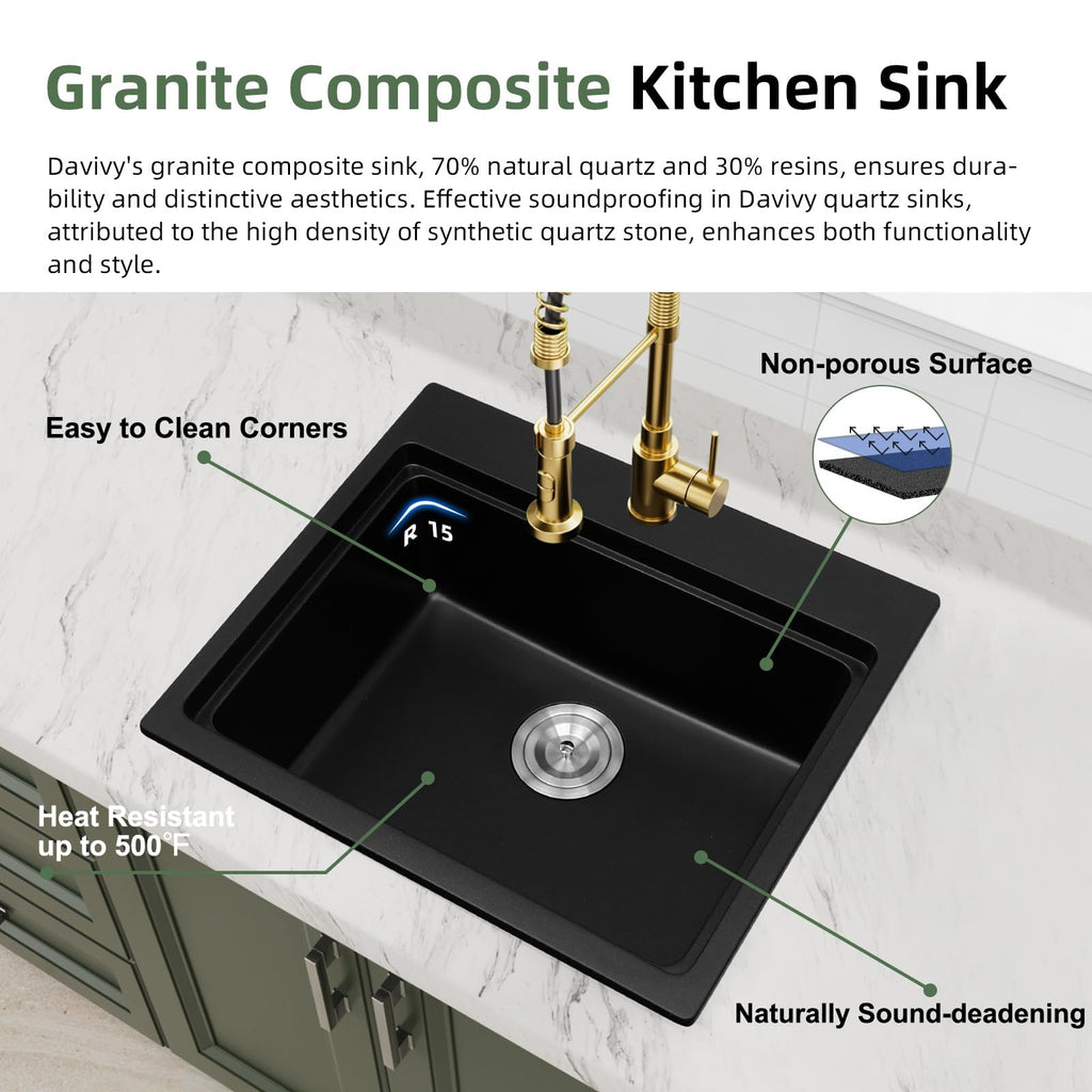22 Inch Matte Black Granite Drop Sink Workstation