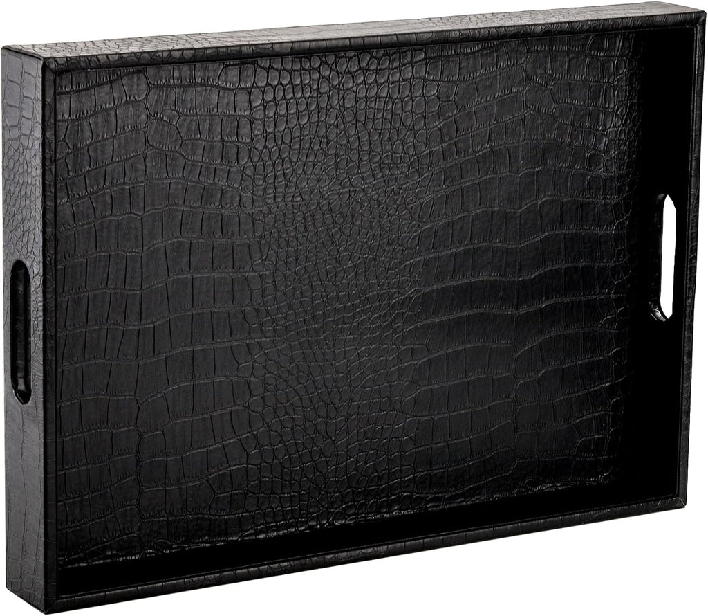 Black Serving Tray with Handles, Decorative Ottoman Tray in Alligator Faux Leather, 17x12 Inch Rectangular for Coffee