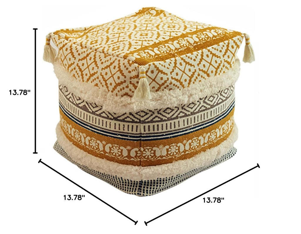 Prague Printed Tufted Tassel Square Pouf Cover, Cotton, Yellow