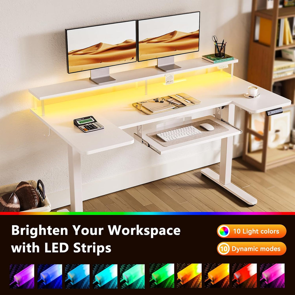 55 Inch U Shaped Electric Standing Desk with Keyboard Tray, White | 3 Outlets & 2 USB Ports, Dual-Monitor Stand, 10