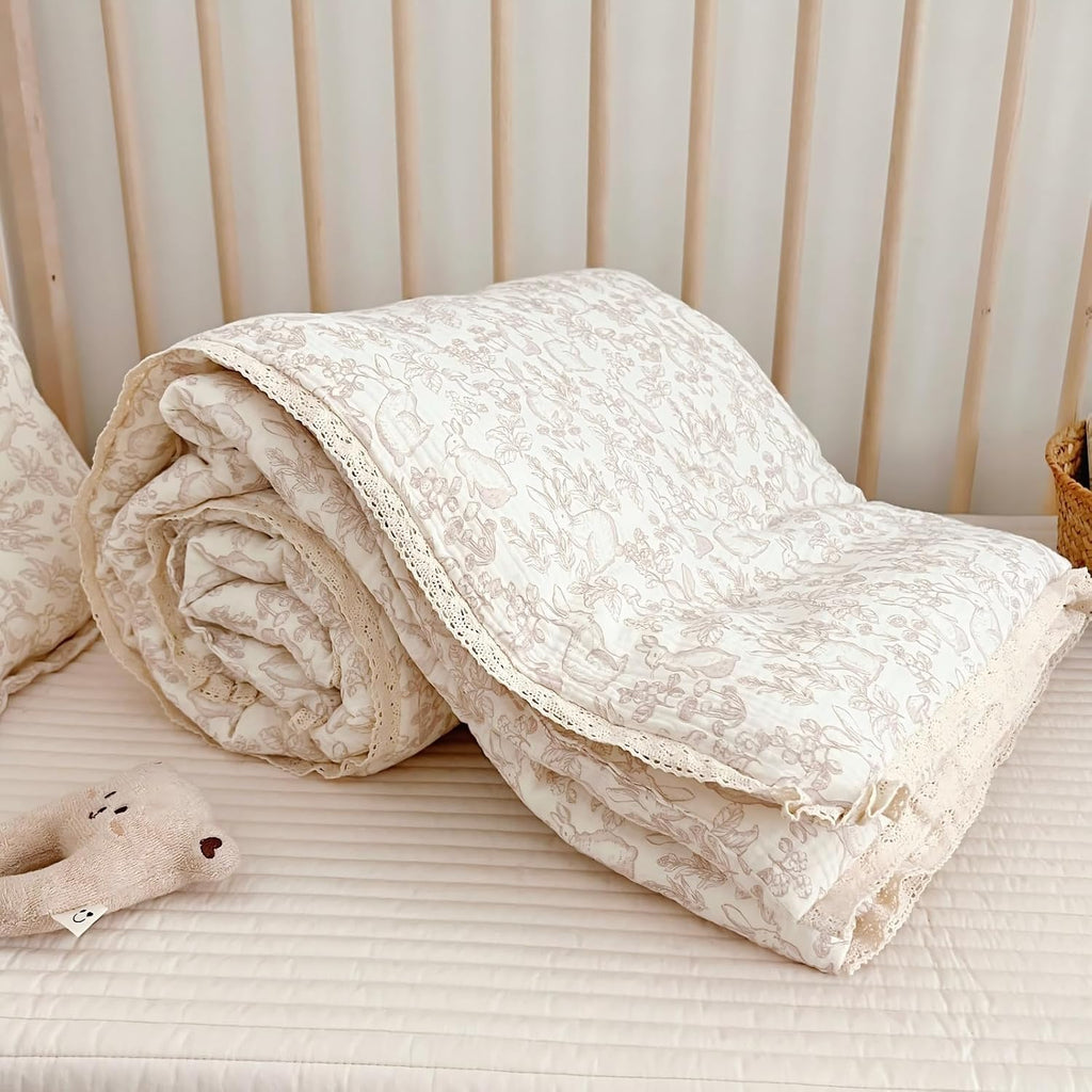 Cotton Muslin Blanket for Toddler Girls Boys Rabbit Pattern Baby Quilted Blanket Lightweight Soft Toddler Comforter