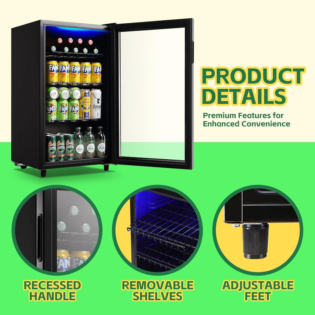 Beverage Refrigerator Cooler 3.5 Cu.Ft, 120 Can Mini Small Fridge with Glass Doo
