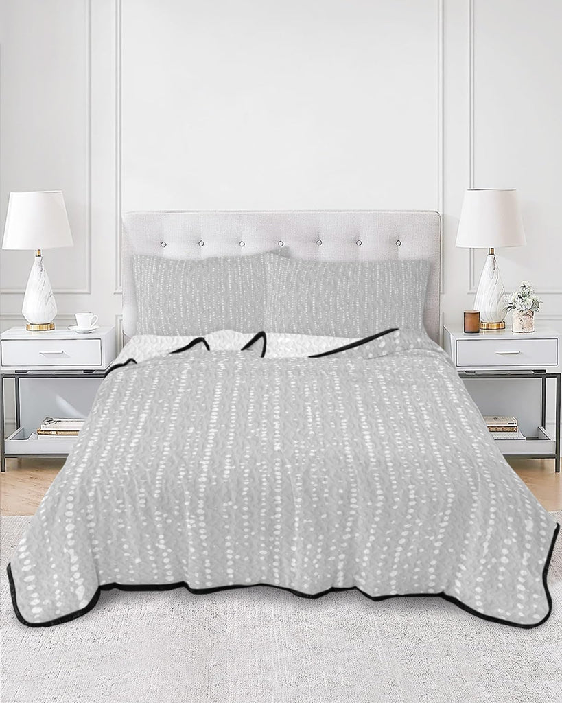 Vertical Ticking Quilt Set 3 Pieces Quilted Bedspread- Soft, Silver Linear Lightweight Quilt with 2 Pillow