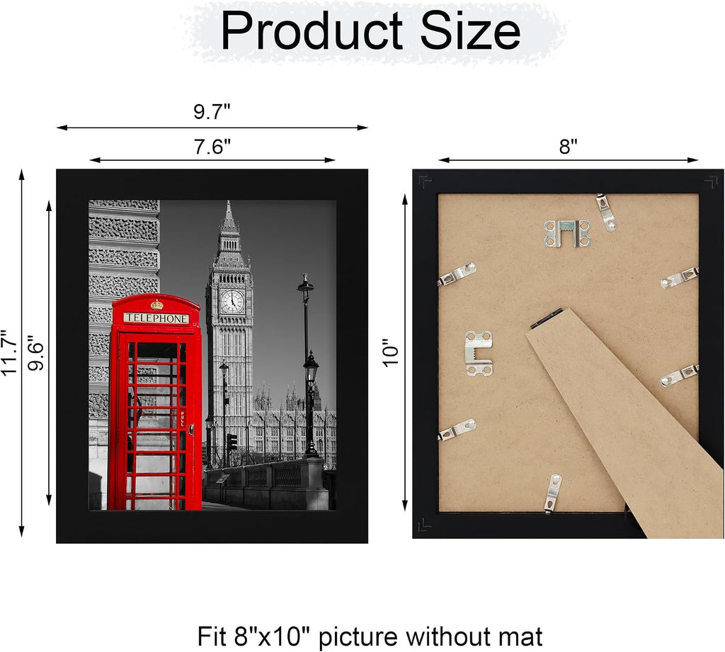 8x10 Picture Frame Set of 6, Black Frame with High Definition Real Glass, 8 x 10 Wood Photo Frames for Tabletop