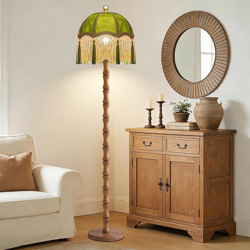 Vintage Floor Lamp, Fringe Standing Lamp with Remote Dimmable, Green Mid Century Gold Tall Lamp Boho Retro Wood Tassel