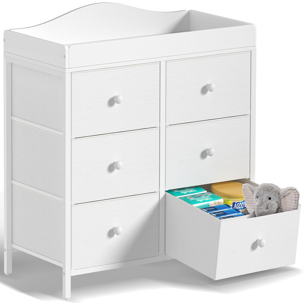 White Changing Table Dresser with 6 Drawers Baby Dresser with Changing Table Top Diaper Changing Station with Storage