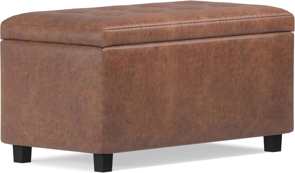 Cosmopolitan 34" Wide Vegan Leather Storage Ottoman in Brown | Distressed saddle brown, transitional storage ottoman