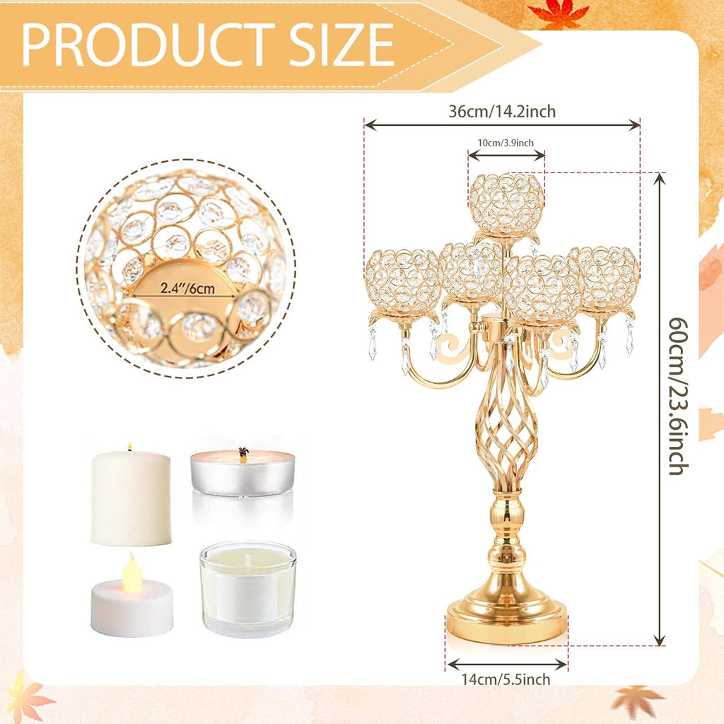 5-Arm Crystal Candelabra Centerpiece 23.2" Tall - Elegant Candle Holder Stand with Crystal Bowl, Chic Table Decor for Weddings, Parties, Anniversary & Home Decoration (2, Gold)