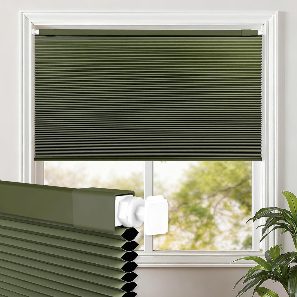 No Drill Cordless Cellular Shades, Green, Honeycomb Blinds for Indoor Windows, Blackout, Easy Install, Shades