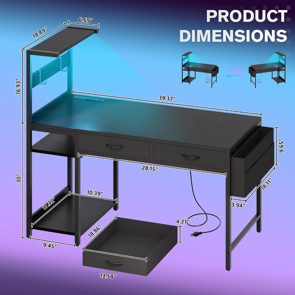 40 Inch Small Gaming Desk with Drawers & Led Lights & Storage Bag, Black | Reversible Storage Shelf, Power Outlets