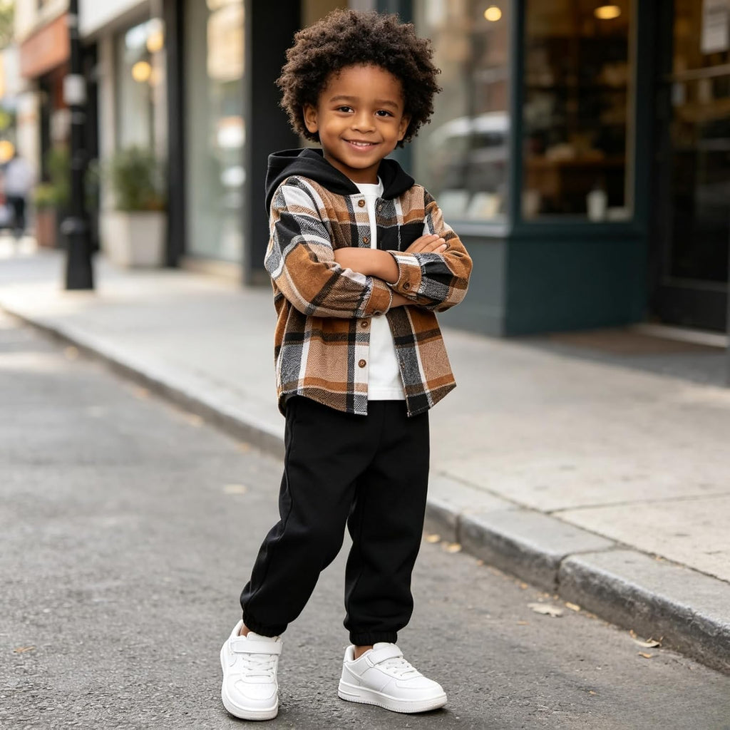 Toddler Boys Clothes 2PCS Flannel Plaid Hoodie & Pants Set