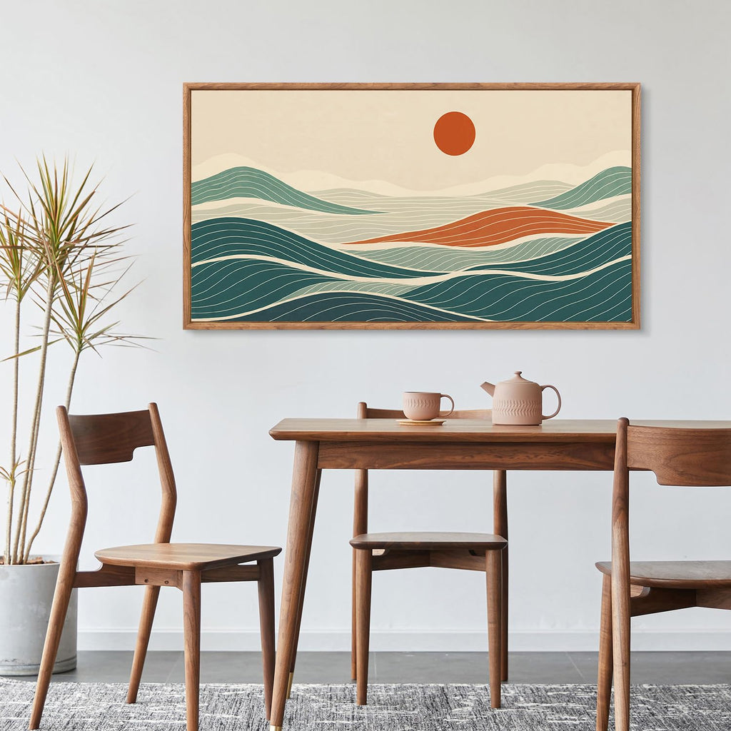 Long Coastal Framed Wall Art, Minimalist Coastal Horizontal Wall Decor, Abstract Waves Line Artwork Ocean Sea