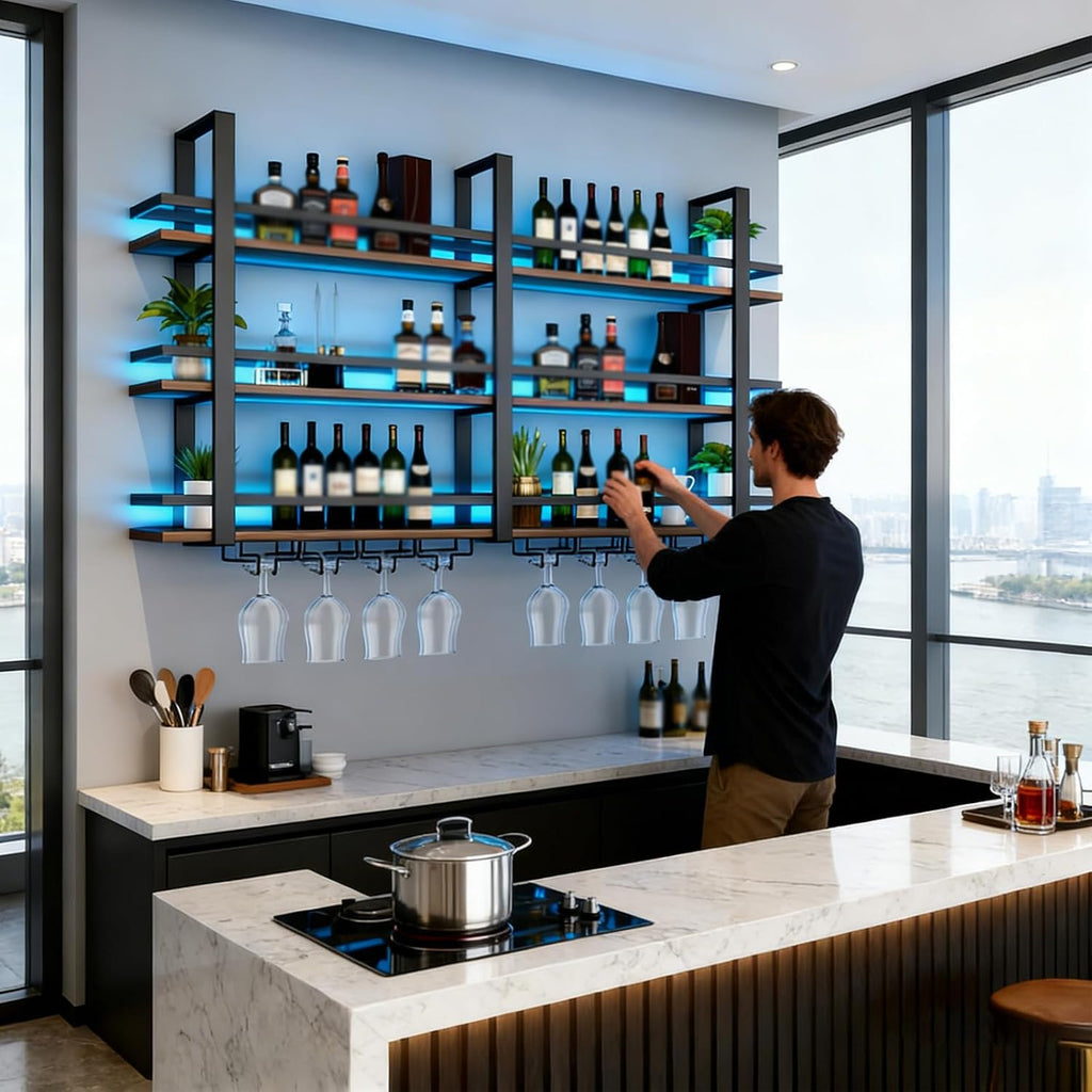 Wine Rack Wall Mounted with LED Lights, 3 Tier Metal Liquor Floating Display Shelves, with Wine Glass Rack, Iron &