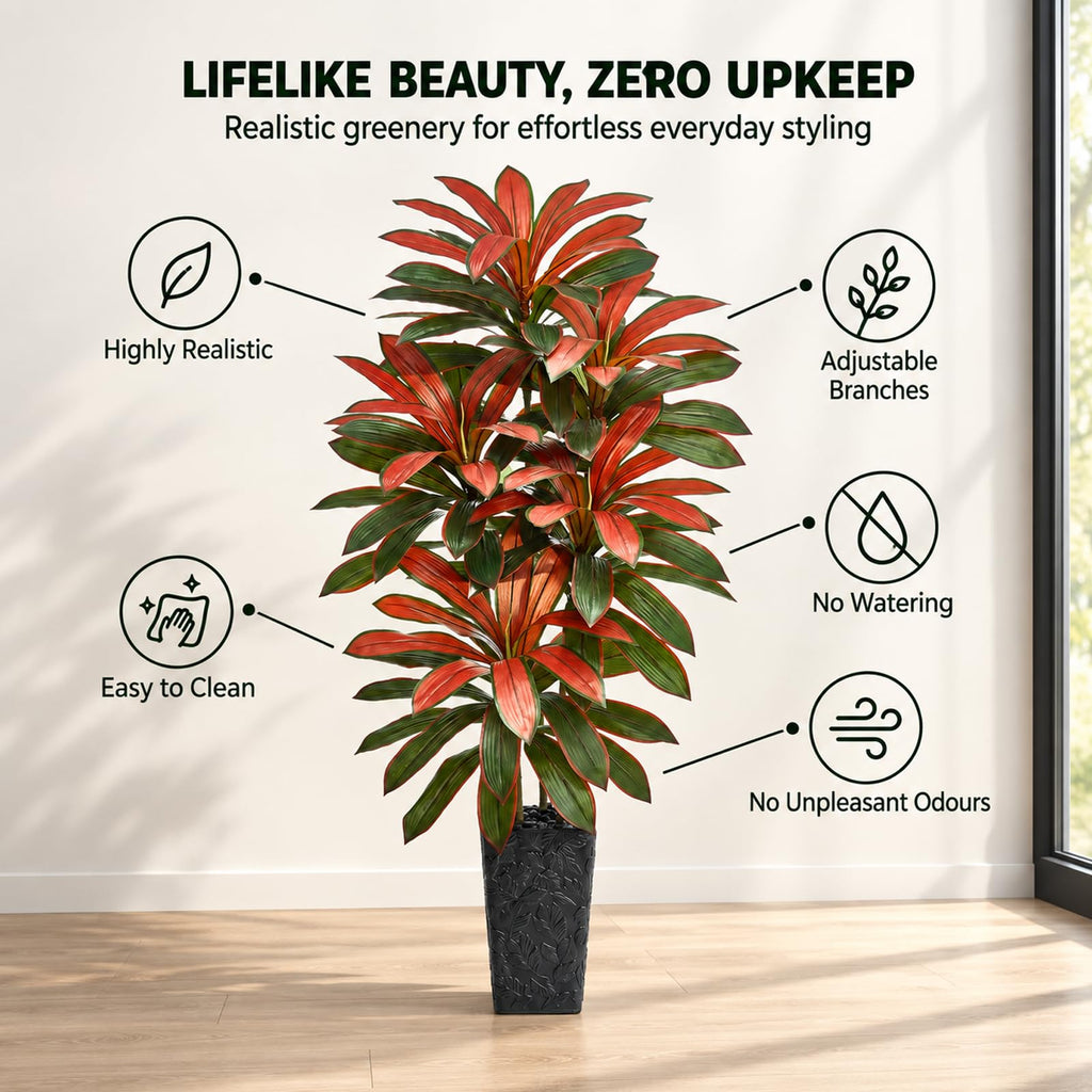 Artificial Red Dracaena Tree 6FT - Fake Tree with Black Tall Planter