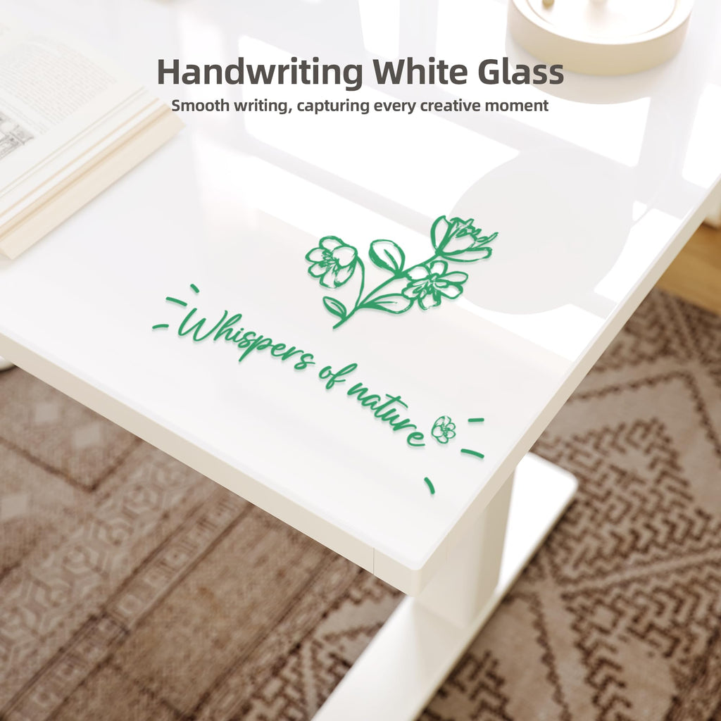 L Shaped Glass Standing Desk with Drawers, 63x55 Inch, White
