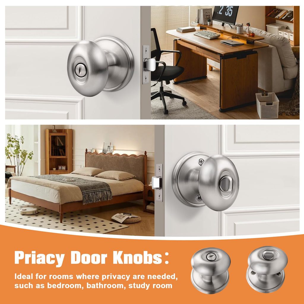3 Pack Oval Door Knobs Satin Nickel Privacy Door Handles Egg Shaped Door Knobs Interior Door Knobs Without Key