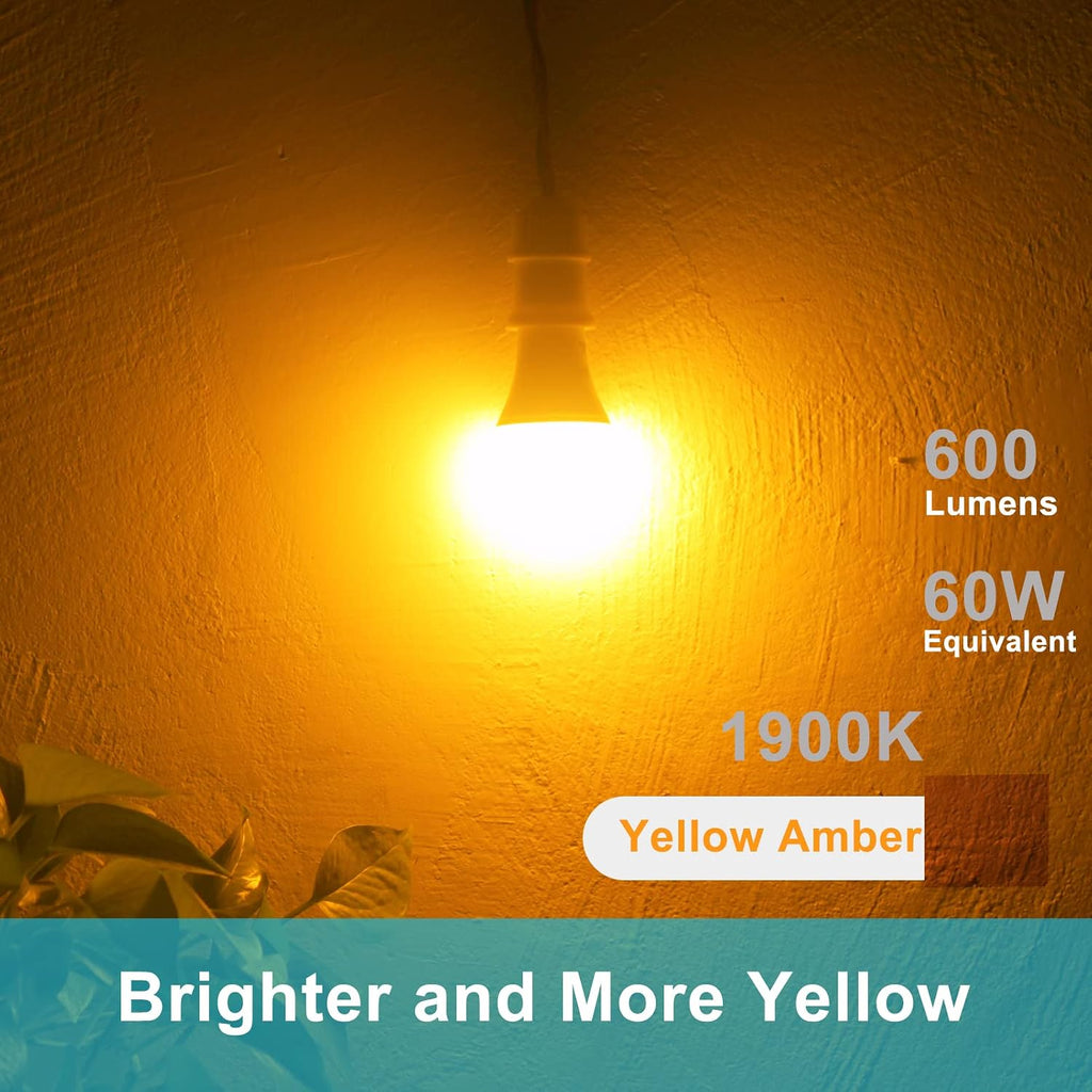 Dusk to Dawn A19 LED Bug Light Bulbs Outdoor, 1900K Amber Yellow, 600 Lumen, 9.5W, E26, 4-Pack, HQ-H018