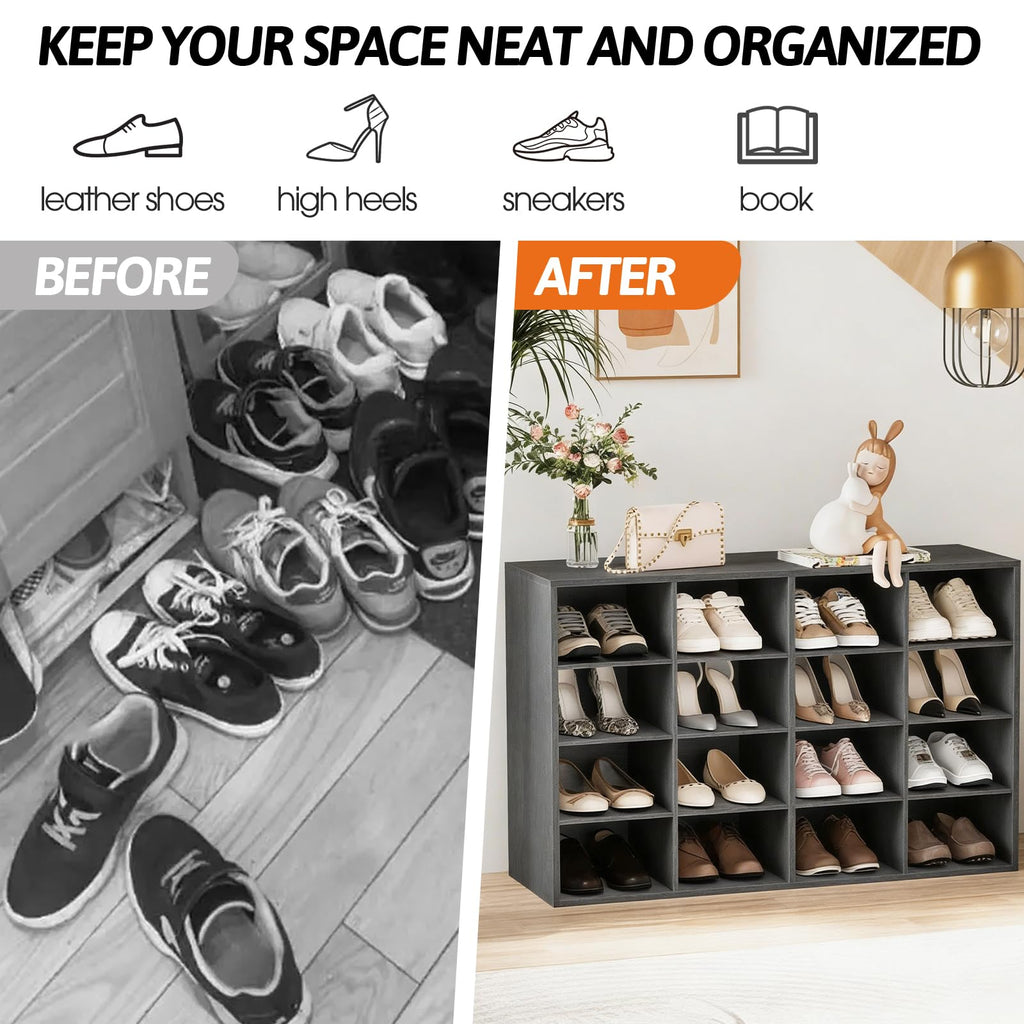 Shoe Storage Bench, Cubby Shoe Rack with 16 Cubbies, 4-Tier Wood Shoe Rack Organizer, Shoe Organizer Cabinet, Closet