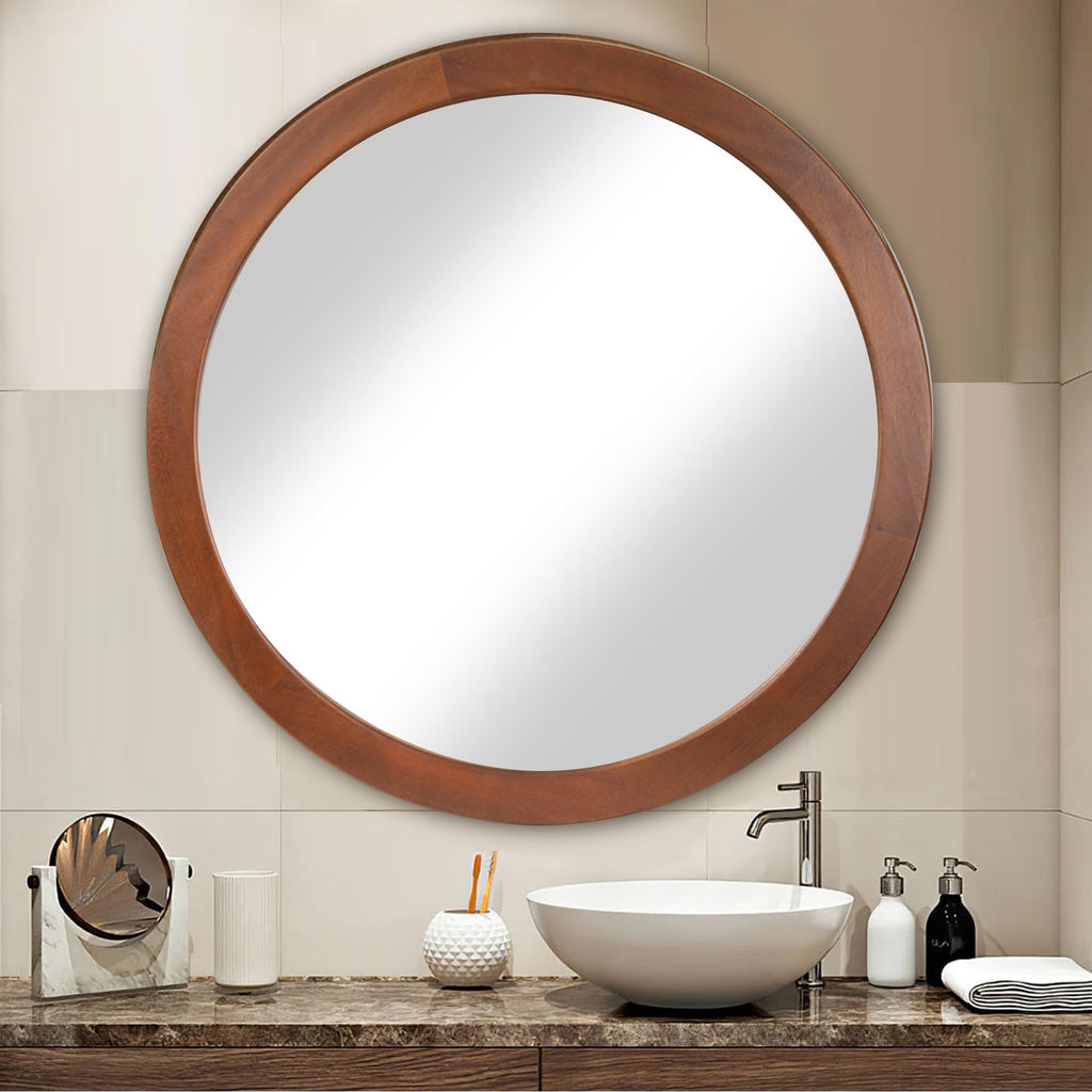 Round Mirror 36 Inch,Wood Rustic Bathroom Wall Mirror with Walnut Frame