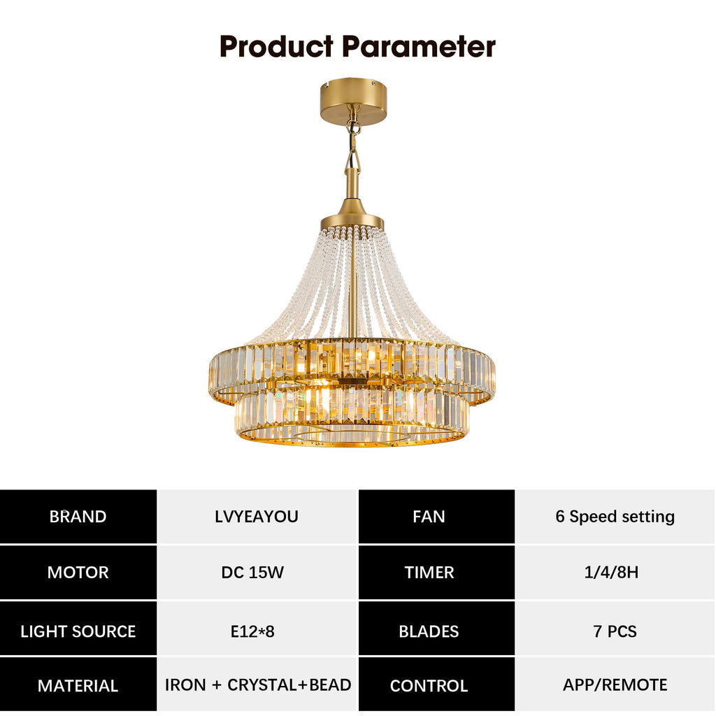 24" Crystal Chandelier Ceiling Fan with Lights, (Luxury Gold)