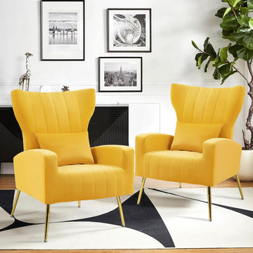 Modern Accent Chairs Set of 2, Wingback Chair with Arm & Gold Legs, Living Room Bedroom Side Chair with Lumbar