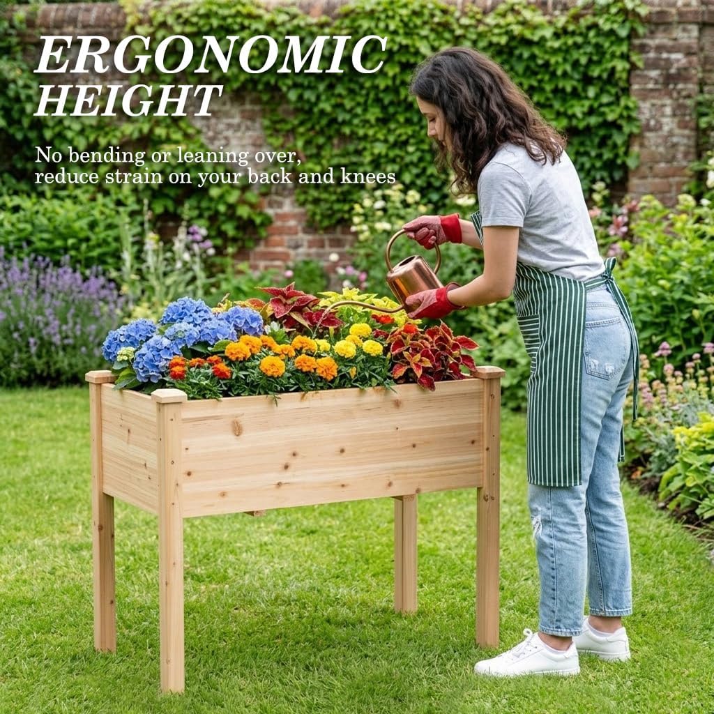 Raised Garden Bed with Legs, 32x16x30 inch Wood Elevated Planter with Protective Liner for Vegetable Flower Herb