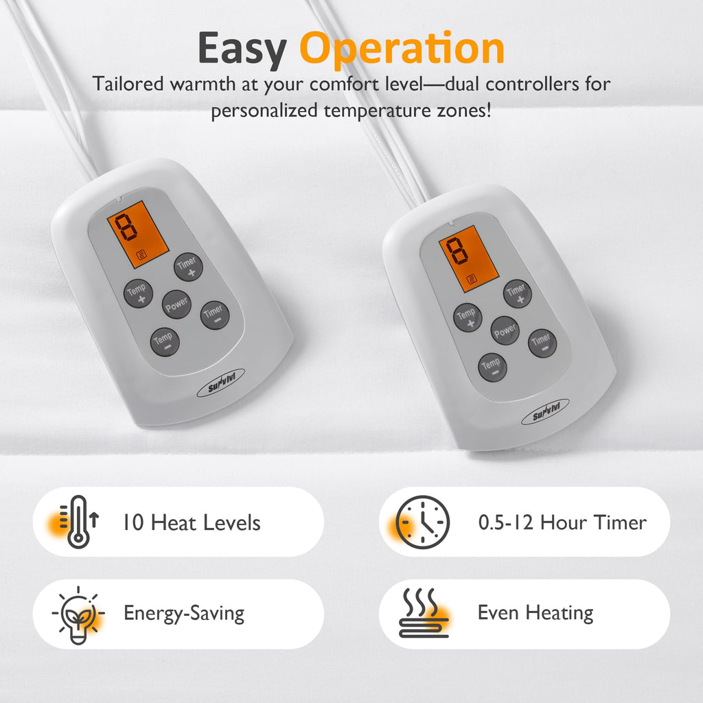 King Size Heated Mattress, Electric Bed Mattress Pad with 12-Hour Timer & 10 Heat Settings, Full Bed Warmer with Dual