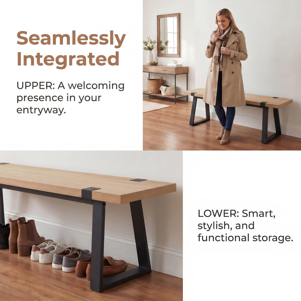 60" Entryway Bench Wood Dining Bench Bedroom Bench Modern Minimalist Long Slatted Bench Hallway, Sturdy Solid Wood