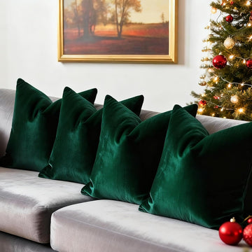 18x18 Velvet Pillow Covers Christmas Green Decorative Square Throw Pillowcase Soft Solid Cushion Covers - Set of 4