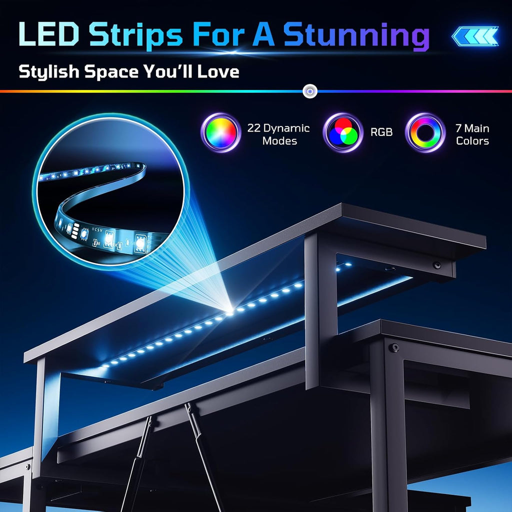 42-Inch L-Shaped Computer Desk with Charging & LED, Black | Charging 2AC+USB+Type-C, RGB LED Strip, Reversible